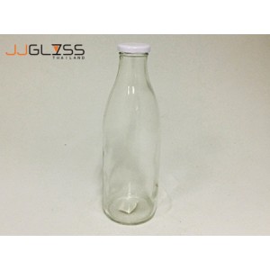 (AMORN) MILK BOTTLE 036 - 1L. - ขวดแก้ว ทรงกลม สำหรับบรรจุเครื่องดื่ม เนื้อใส พร้อมฝาสีขาว ความจุ 1,000 มล.