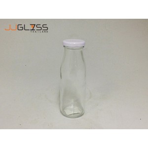 (AMORN) MILK BOTTLE 036 - 0.25L. - ขวดแก้ว ทรงกลม สำหรับบรรจุเครื่องดื่ม เนื้อใส พร้อมฝาสีขาว ความจุ 250 มล.