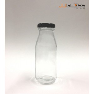 AMORN- MILK BOTTLE 006 - 150ML. (BLACK CAP) - Transparent Handmade Glass Bottles 5oz. (150 ml.)