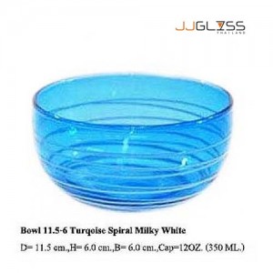 Bowl 11.5-6 Turqoise Spiral Milky White - Handmade Colour Bowl , Turqoise Spiral Milky White 12 oz. (350 ml.)