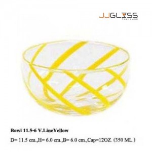 ชามโบว์ 11.5-6 วีลาย เหลือง - ชามโบว์แก้วก้นยู แฮนด์เมด ตัวใส ลายเส้น สีเหลือง 12 ออนซ์ (350 มล.)