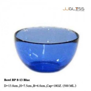 ชาม BP 8-13 น้ำเงิน - ชามโบว์แก้วใส แฮนด์เมด แบบหนา สีน้ำเงิน 18 ออนซ์ (500 มล.)