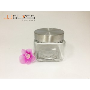 Jar 9907Y - โหลแก้ว เนื้อใส ทรงเหลี่ยม ฝาอลูมิเนียม ความสูง 11 ซม.