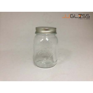 Mason 500ml. Silver - Transparent Glass Bottles, Cover Silver, 17oz.