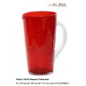 เหยือก 742/24 ลายเย็น แดง - เหยือกแก้ว แฮนด์เมด ทรงกรวย ลายเย็น หูใส สีแดง 2.3 ลิตร (2,250 มล.)