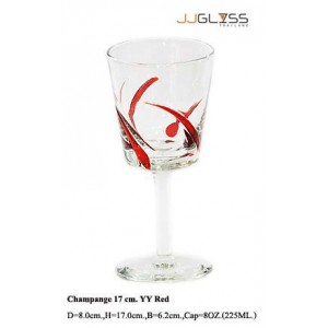 แก้วขาแชมเปญ 17 ซม. ลายยอดหญ้า แดง - แก้วแชมเปญ แฮนด์เมด ตัวใส ลายยอดหญ้า สีแดง 8 ออนซ์ (225 มล.)
