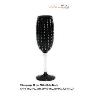 แก้วขาแชมเปญ 22 ซม. ดำจุดมิ้วขาว - แก้วแชมเปญ แฮนด์เมด ขาใส ปากตัด ลายจุดมิ้วขาว สีดำ 9 ออนซ์ (250 มล.)