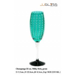 แก้วขาแชมเปญ 22 ซม. เขียวจุดมิ้วขาว - แก้วแชมเปญ แฮนด์เมด ขาใส ปากตัด ลายจุดมิ้วขาว สีเขียว 9 ออนซ์ (250 มล.)