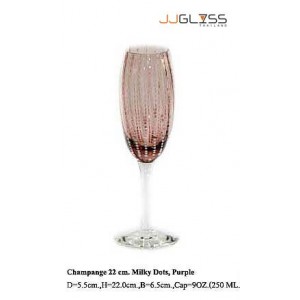 แก้วขาแชมเปญ 22 ซม. ม่วงจุดมิ้วขาว - แก้วแชมเปญ แฮนด์เมด ขาใส ปากตัด ลายจุดมิ้วขาว สีม่วง 9 ออนซ์ (250 มล.)