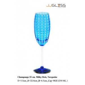 Glass Champagne 22 cm. Milky Dots, Turquoise - 9 oz. Turquoise Colored Champagne Glass with Milky White Dots, Cold Cut Stemware (250 ml.)