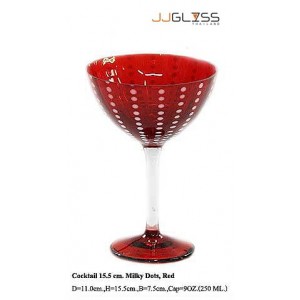 แก้วขาคอกเทล 15.5 ซม. แดงจุดมิ้วขาว - แก้วคอกเทล แฮนด์เมด ขาใส ปากตัด ลายจุดมิ้วขาว สีแดง 9 ออนซ์ (250 มล.)