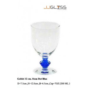 Glass Goblet 12 cm. Stem Dot Blue  Handmade Colour Glass Stemware 7 oz. (200 ml.)
