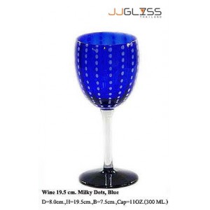 แก้วขาไวน์ 19.5 ซม. น้ำเงินจุดมิ้วขาว - แก้วไวน์ แฮนด์เมด ขาใส ปากตัด ลายจุดมิ้วขาว สีน้ำเงิน 11 ออนซ์ (300 มล.)