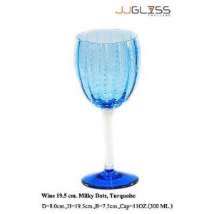 Glass Wine 19.5 cm. Milky Dots, Turquoise - 11 oz. Turquoise Colored Wine Glass with Milky White Dots, Cold Cut Stemware (300 ml.)