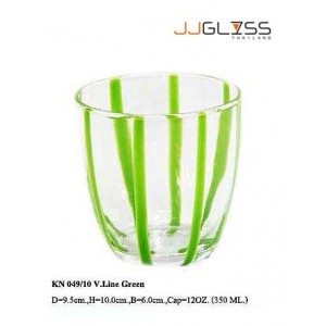แก้ว 049/10 วีลายเขียว - แก้วน้ำ แฮนด์เมด ทรงหยดน้ำ ตัวใส ลายเส้นตั้งสีเขียว 12 ออนซ์ (350 มล.)