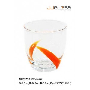 แก้ว 049/10 ลายยอดหญ้าส้ม - แก้วน้ำ แฮนด์เมด ทรงหยดน้ำ ตัวใส ลายยอดหญ้า สีส้ม 13 ออนซ์ (375 มล.)