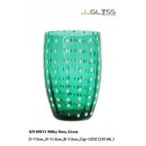 Glass 050/11 Milky Dots, Green - Handmade Colour Glass, Cold Cut, Green Glass with Milky White Dots 12 oz. (350 ml.)