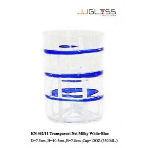 Glass 462/11 Transparent Net Milky White-Blue - 12 oz. Multiple Colored Net Lines on Transparent Glass (350 ml.)