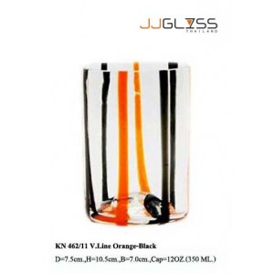 แก้ว 462/11 วีลาย ส้ม-ดำ - แก้วน้ำ แฮนด์เมด ทรงกระบอก ตัวใส ลายเส้นตั้ง 2 สี ส้ม-ดำ 12 ออนซ์ (350 มล.)