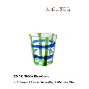 แก้ว 742/10 ตาข่ายน้ำเงิน-เขียว - แก้วน้ำ แฮนด์เมด ทรงกรวย ตัวใส ลายตาข่ายน้ำเงิน-เขียว 11 ออนซ์ (325 มล.)