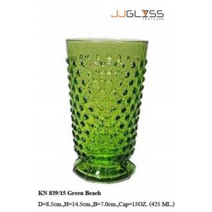 แก้ว 839/15 เขียวตอง - แก้วน้ำ แฮนด์เมด ทรงสูง ลายเม็ดสาคู สีเขียวตอง 15 ออนซ์ (425 มล.)