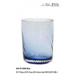 แก้ว 95 SRB น้ำเงิน - แก้วน้ำ แฮนด์เมด ทรงตรงก้นมน ลายริ้ว สีน้ำเงิน 8 ออนซ์ (225 มล.)
