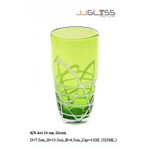 แก้วอาร์ท 14 ซม. เขียว - แก้วน้ำ แฮนด์เมด ทรงหยดน้ำ ลายอาร์ท สีเขียว 11 ออนซ์ (325 มล.)