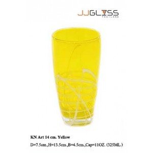 แก้วอาร์ท 14 ซม. เหลือง - แก้วน้ำ แฮนด์เมด ทรงหยดน้ำ ลายอาร์ท สีเหลือง 11 ออนซ์ (325 มล.)