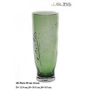 แจกันเฟลอ 30 ซม. เขียว - แจกันแก้ว แฮนด์เมด ทรงสูง ลายดอกไม้ สีเขียว