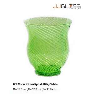 แจกัน KT 22 ซม.เขียวพันเส้นนมขาว - แจกันแก้ว แฮนด์เมด ตัวสีเขียว ลายพันเส้นนมขาว